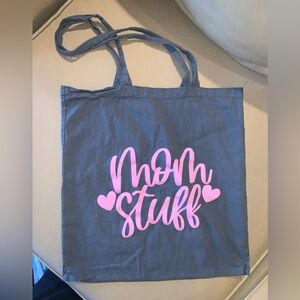 Gray Tote Bag with Pink 'Mom Stuff' Print